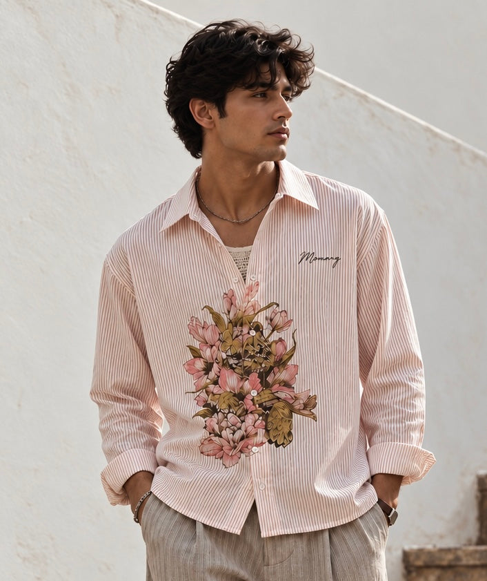 Floral Pinstripe Linen Shirt (Boxy)