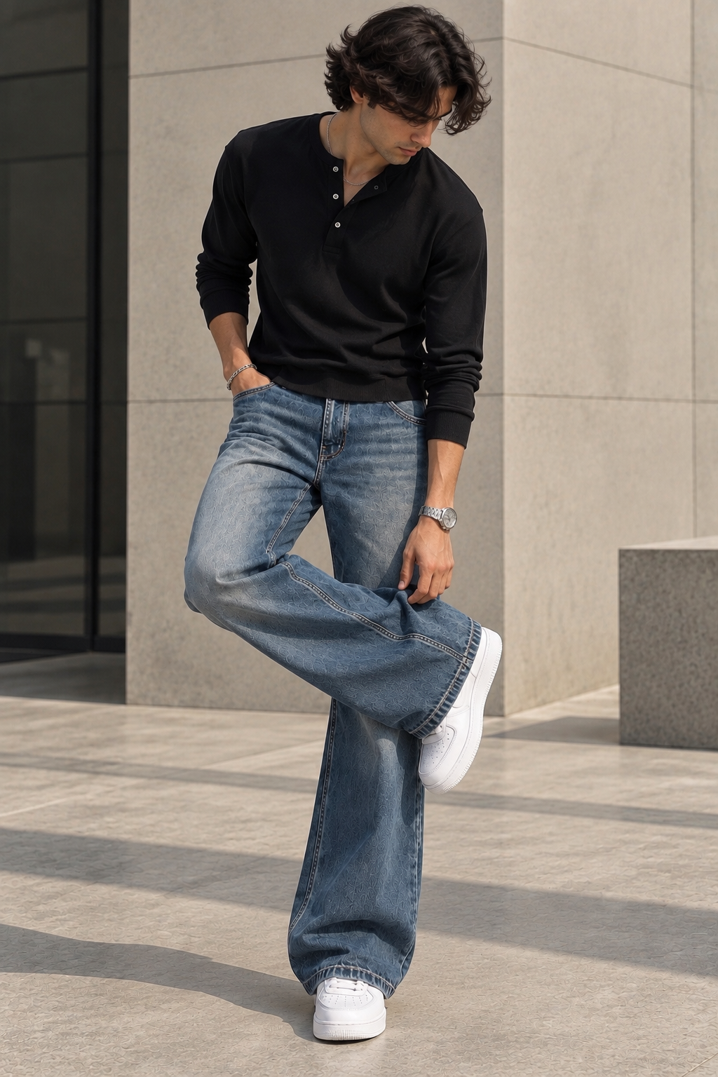 MONARQ Midnight Drift Combo (Black Henley + Bootcut Jeans)