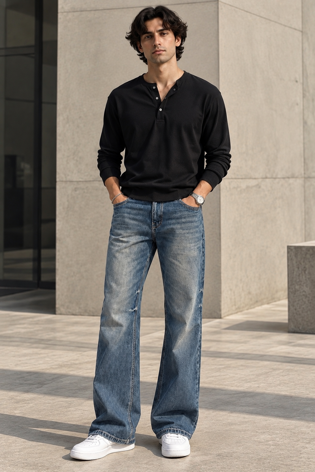MONARQ Midnight Drift Combo (Black Henley + Bootcut Jeans)